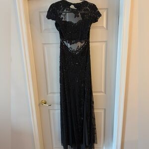 Mac Duggal black embellished sequin open back slit gown